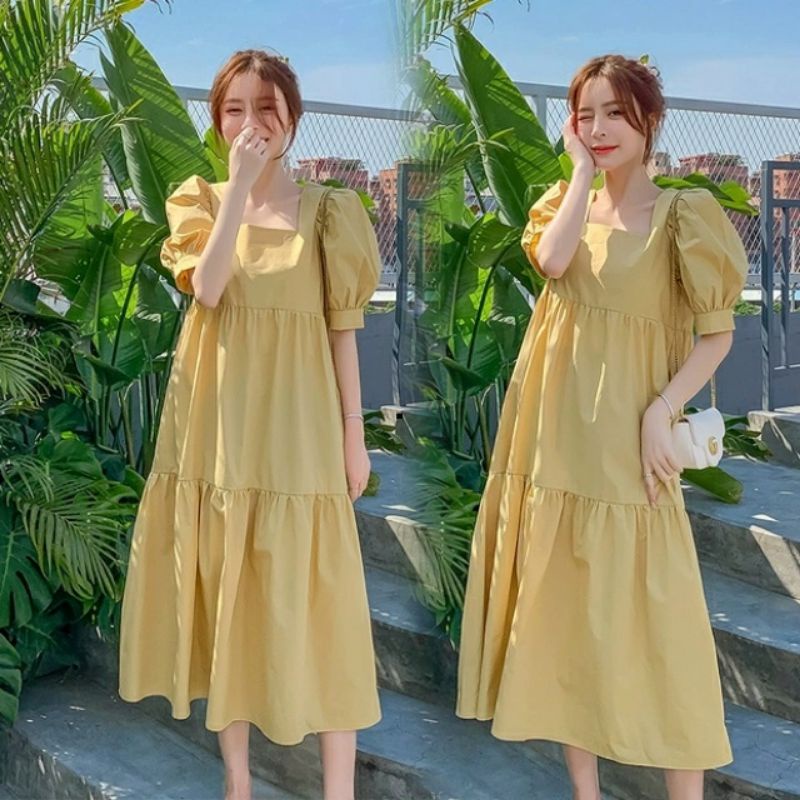 Baju dress Maxi rempel polos lengan pendek leher kotak katun import impor wanita terbaru Baju  lenga