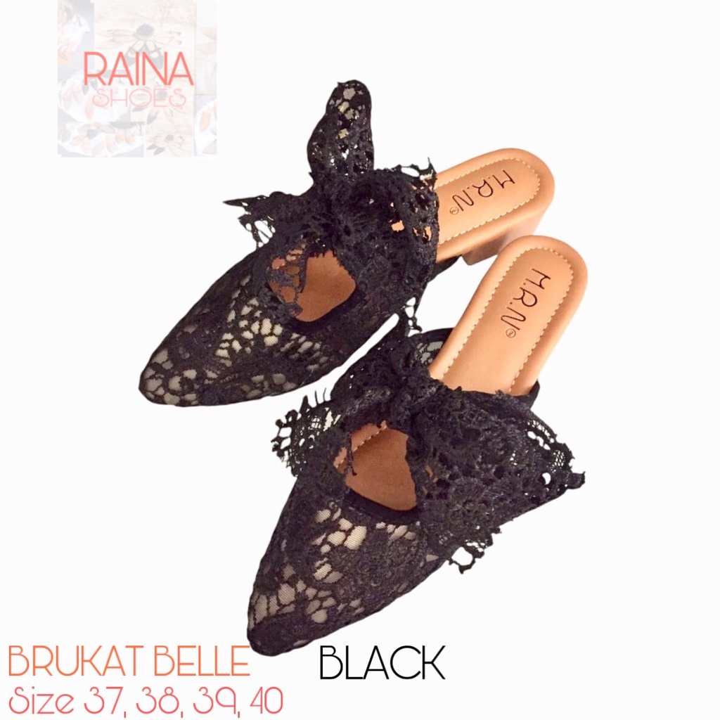 Raina Shoes Sandal Selop Wanita Mules Brukat Belle Black Terbaru COD
