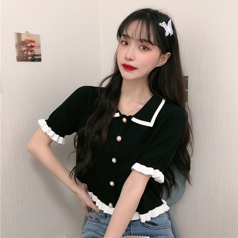 [Diskon Spesial] Crop top rajutan kaos lengan pendek wanita Korea