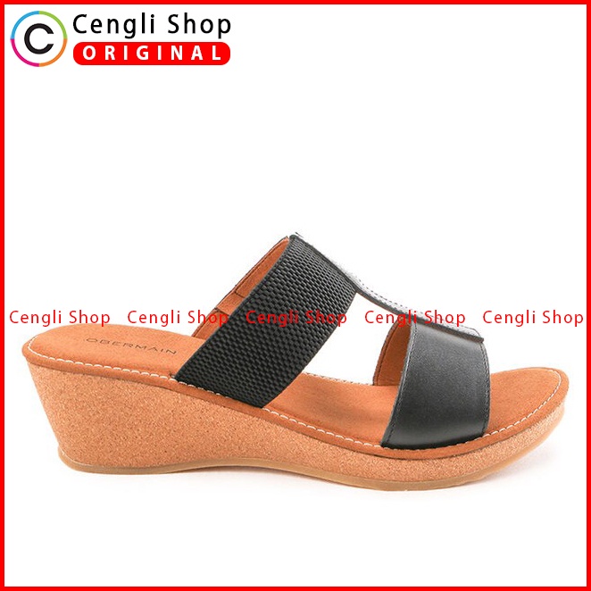 SANDAL WEDGES KULIT OBERMAIN WANITA ORIGINAL ASLI TERBARU HITAM OW05