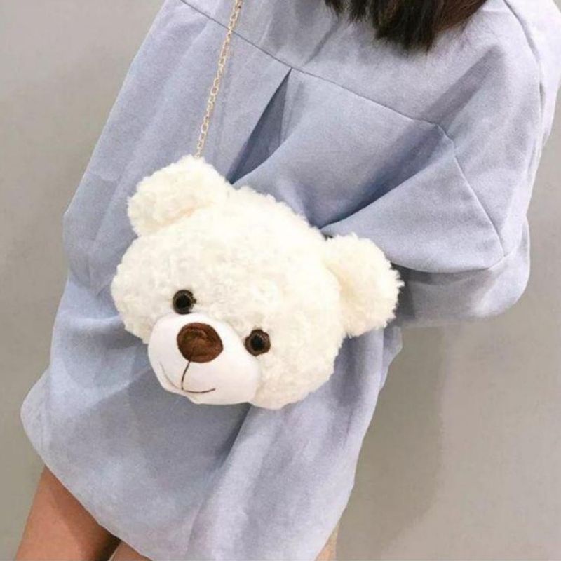 Tas Selempang Bulu Beruang Tas Bahu Wanita Bentuk Kepala Teddy Bear Tas Boneka Beruang Bulu Curly - TK33