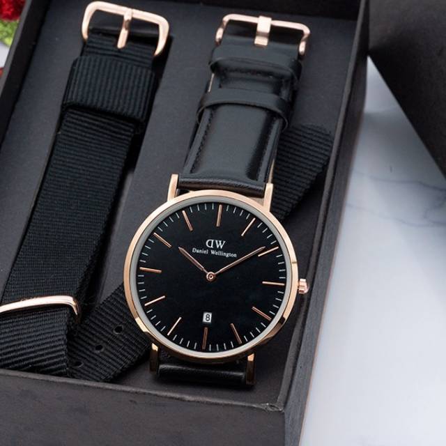 JAM TANGAN DW/DANIEL WELLINGTON PAKET FREE TALI KANVAS TANGGAL AKTIF