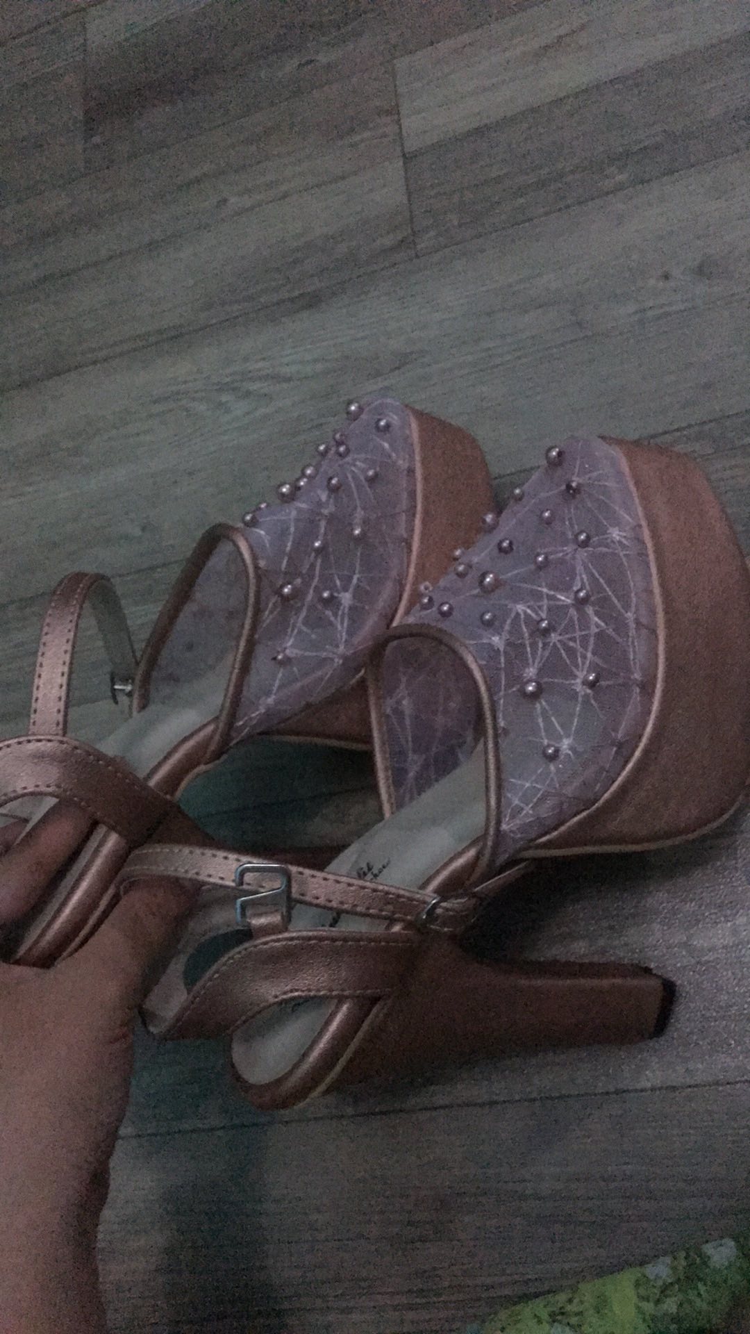 Sepatu Purri Rosegold Abstrak Lace Mutiara Tabut Tinggi 12cm