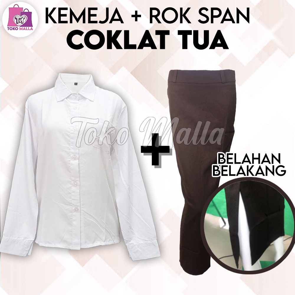 Setelan Kemeja Putih Set Wanita,1 SET KEMEJA & Rok SPAN Panjang COKLAT TUA, Jas Formal, One Set Wani