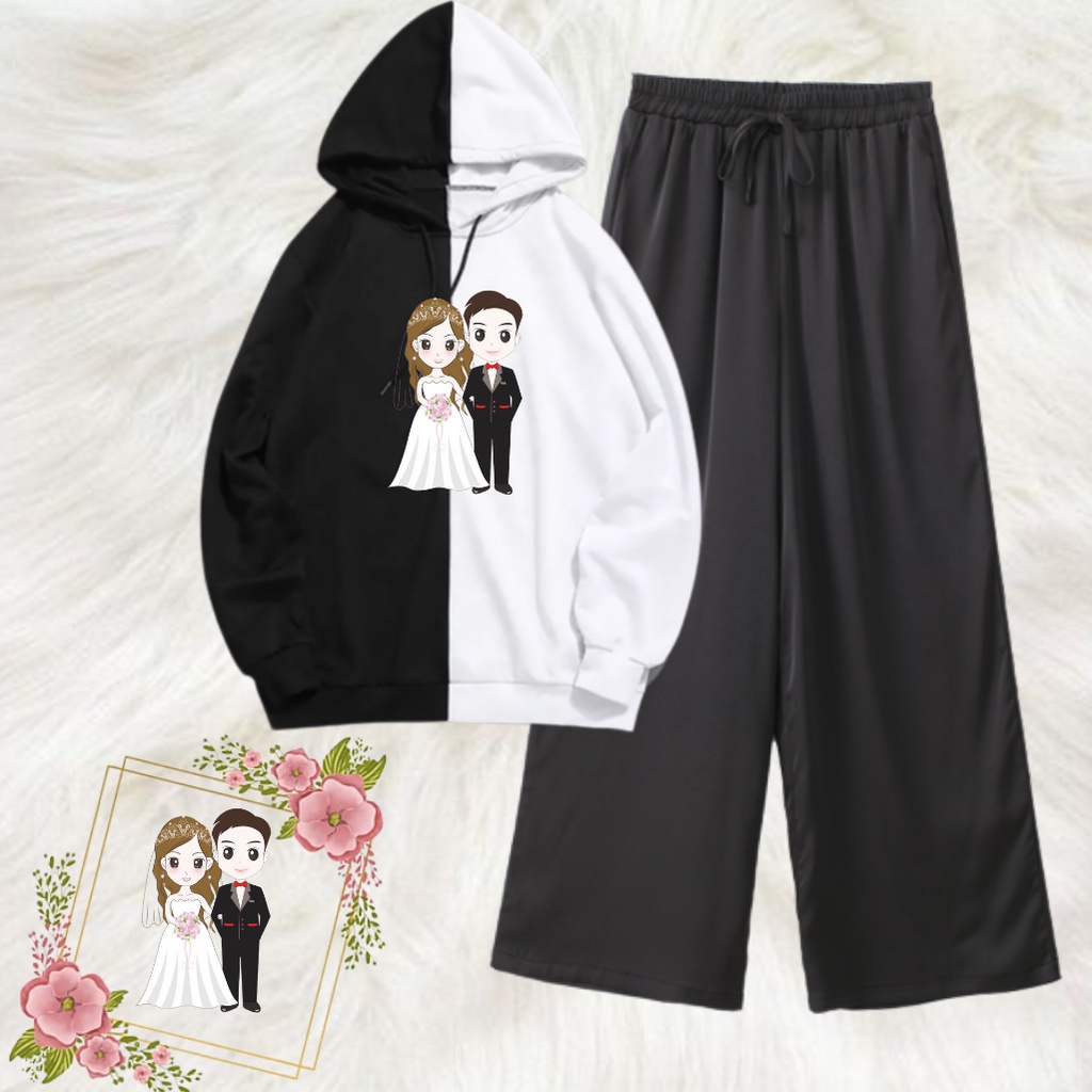 JBF Baju 1 Set Setelan Wanita Terbaru Atasan Hoodie Korean Style Motif Just Merried Dan Celana Kulot