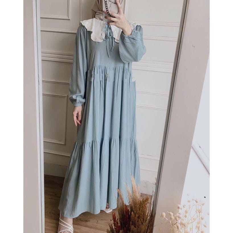 BEFAST - ZEC OOTD Wanita Dress NIKO / Zakiya Collar Cute Combine Maxi Dress / Pakaian Dress Maxi / Dress Wanita Muslimah / Dress Jumbo / Fashion Wanita Casual / Formal / Termurah / Dress Polos Lengan Panjang