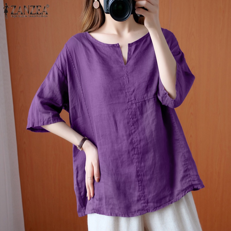 ZANZEA Women Casual Half Sleeve O-Neck Cotton Solid Color Loose Blouse