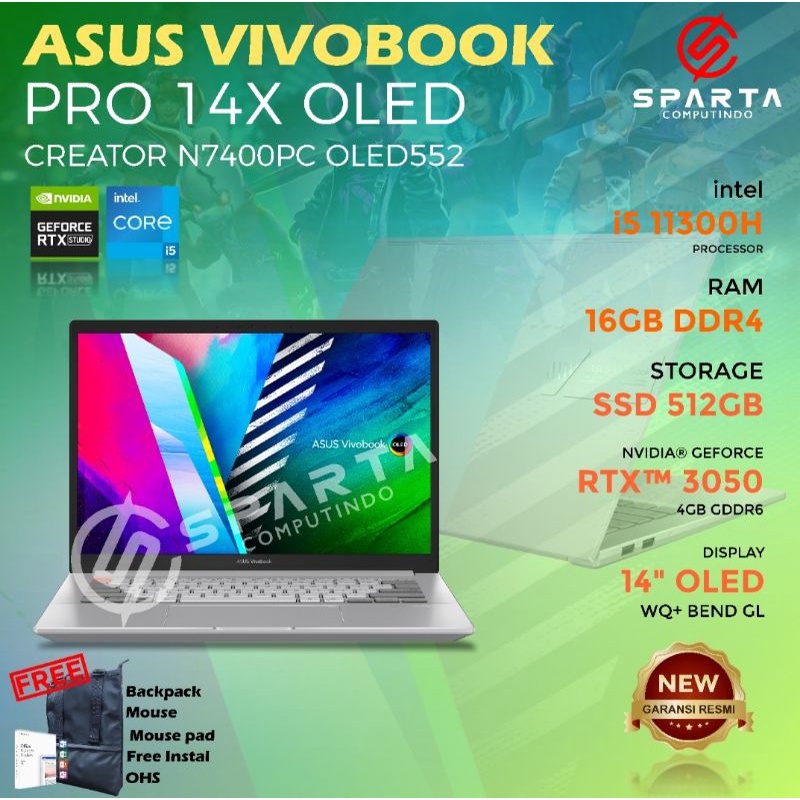 Laptop Asus Vivobook Pro 14X OLED N7400PC Core i5 Gen 11 Ram 16 GB SSD 512 GB RTX3050 4 GB Win 10 New