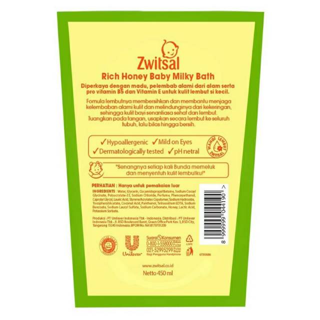 Zwitsal Natural Baby Milky Bath Rich Honey Refill 450ML