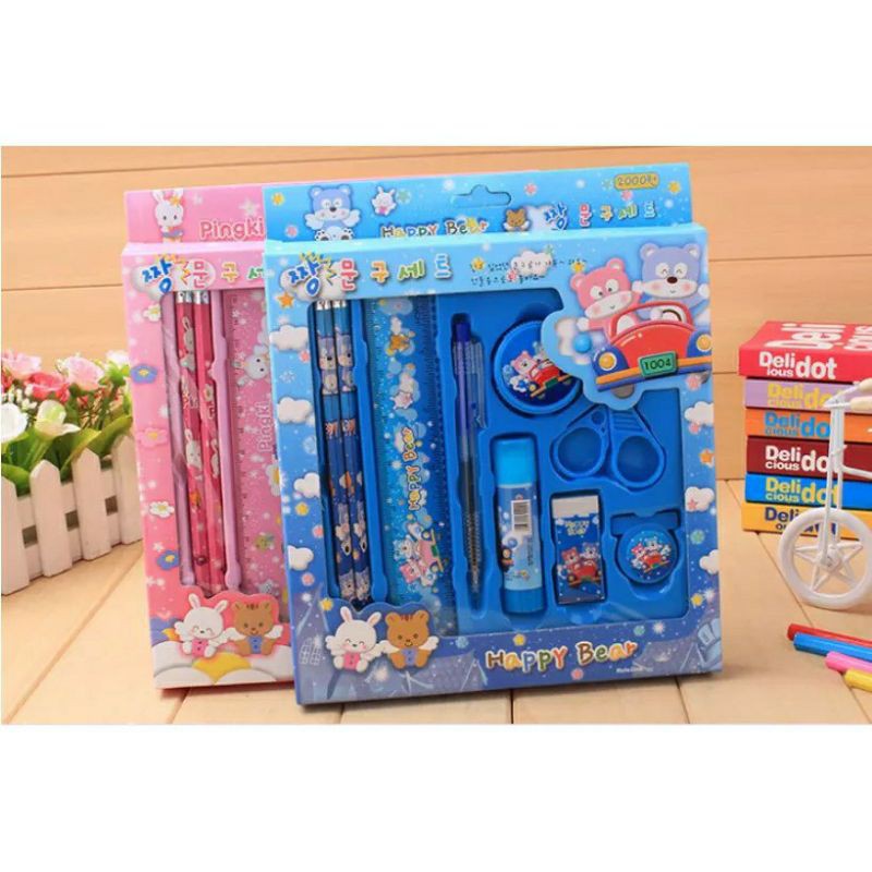 stationery set lucu - alat tulis korea pink blue bear