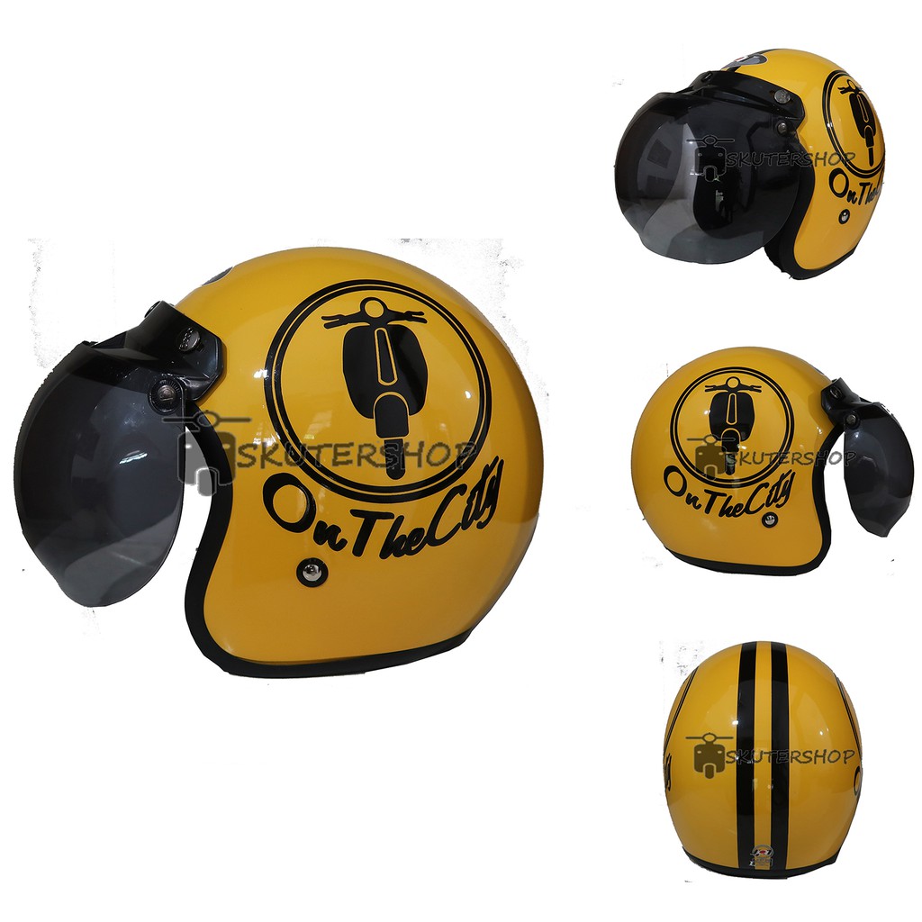 Helm Bogo Retro JPN Klasik Kuning Glossy Vespa Classic Scooter Matic On The City Kaca Bogo Original