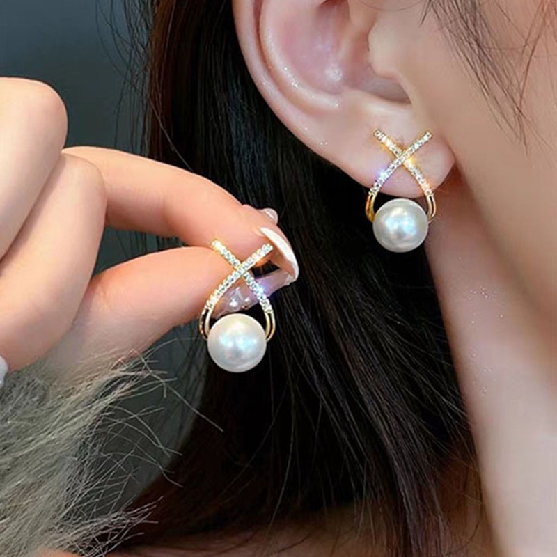 Anting Tusuk Motif Huruf X Hias Mutiara Imitasi Ala Perancis Untuk Wanita ACKER