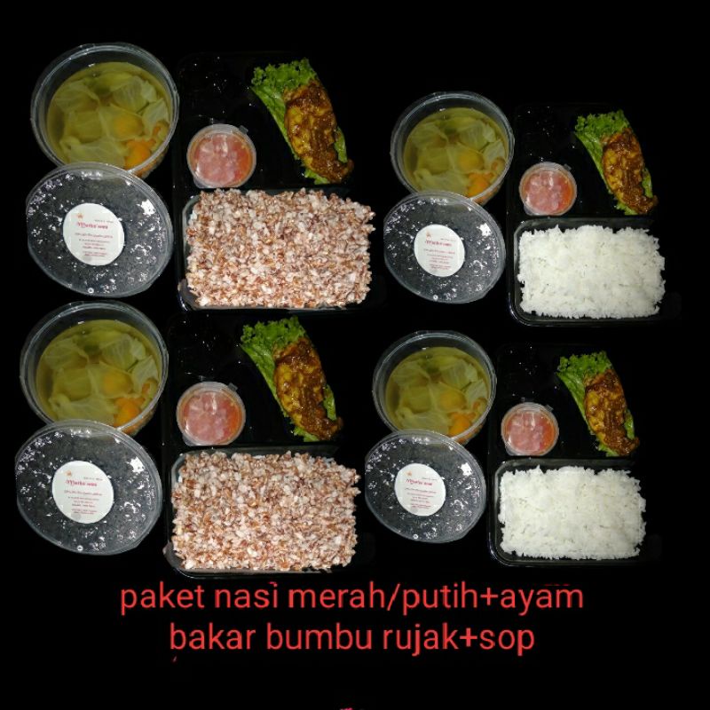 

paket nasi bento merah,sayur dan lauk