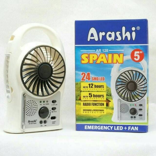 Emergency Fan / Kipas angin Darurat Arashi Spain 5" + Lampu LED +Radio