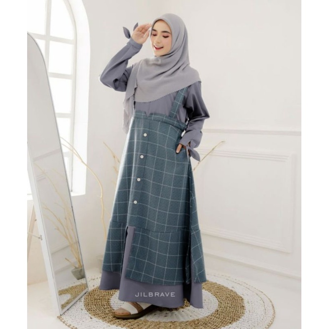 AILEE OVERALL JILBRAVE | Dress Overall Best Seller Aksen Manset Pita Bahan Linen dan Toyobo Fodu