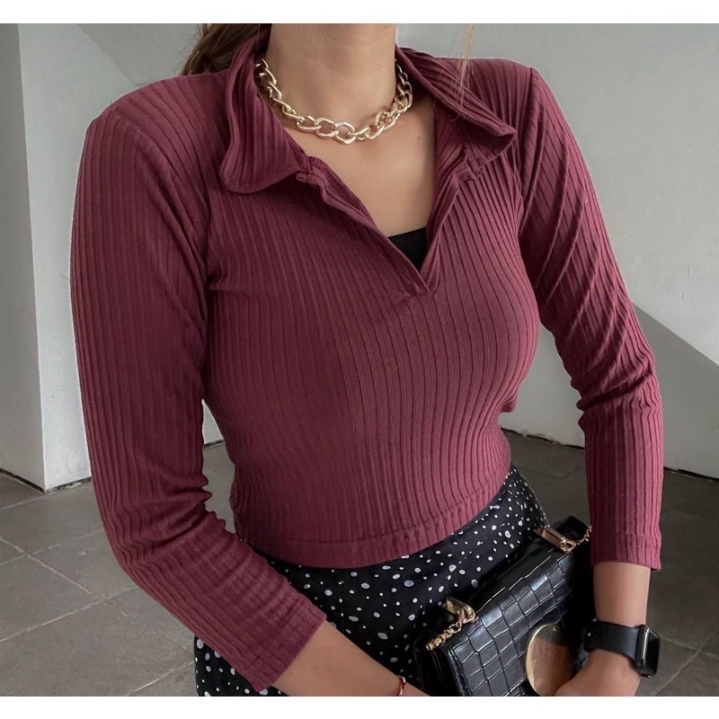 TOP KERAH RIB // KERAH RIB // V TOP KERAH LENGAN PANJANG