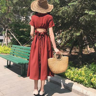 Dress Midi Swing V-Neck Lengan Pendek Aksen Pinggang Terbuka Gaya Chic Korea untuk Wanita