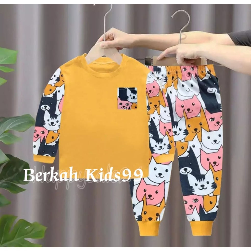 SETELAN ANAK PIYAMA KAOS LAKI LAKI DAN PEREMPUAN SETELAN PIYAMA KAOS KUCING KUNING 1-5 TAHUN