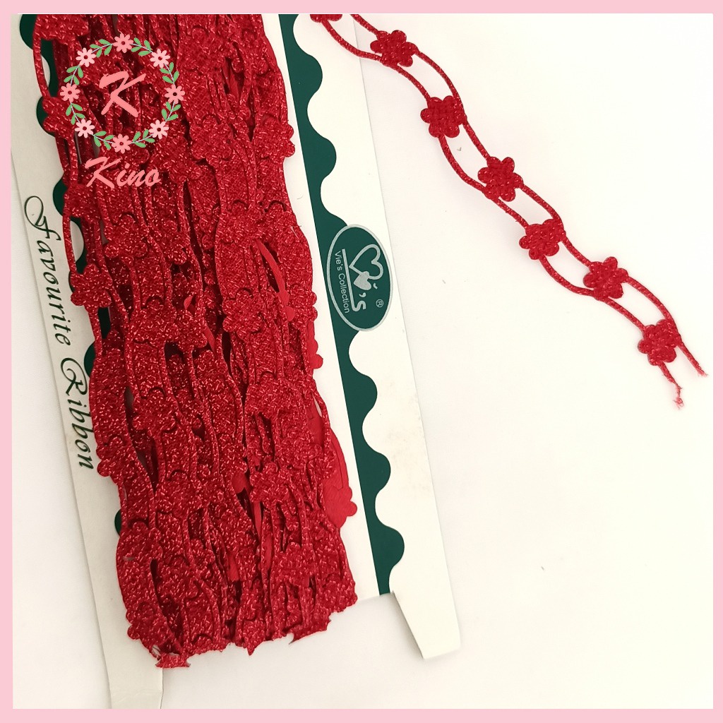 [PER ROLL] Renda Bunga Renteng Merah Kecil lebar 2cm - vintage rustic hiasan souvenir hantaran hiasa
