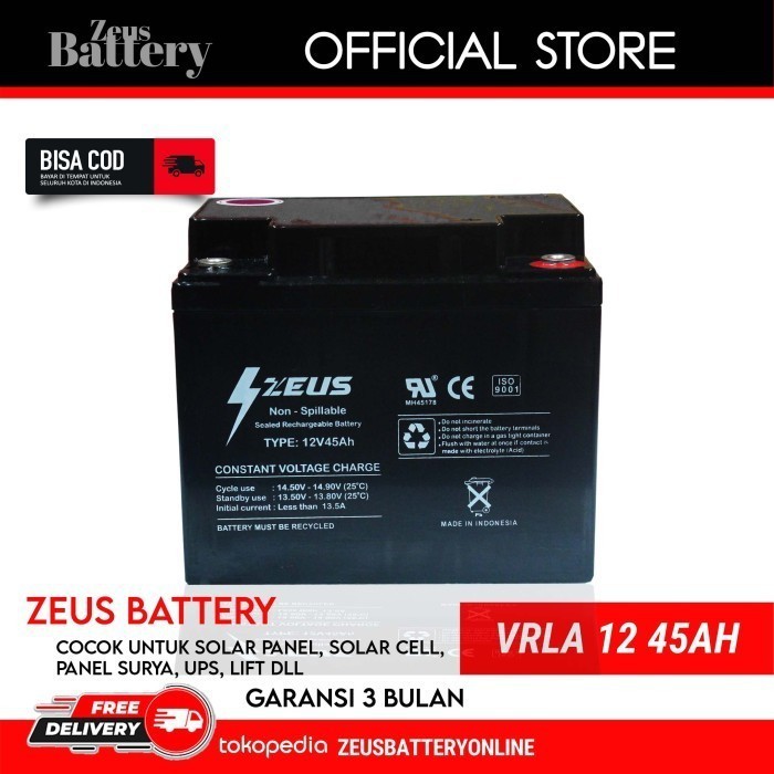 Aki Kering UPS dan Solar Panel VRLA DEEPCYCLE GEL Zeus 12v / 45Ah