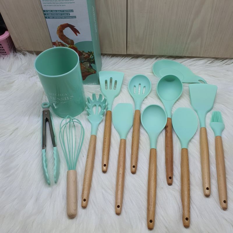 12pcs silicone cooking utensil spatula with wooden holder /alat masak silikon