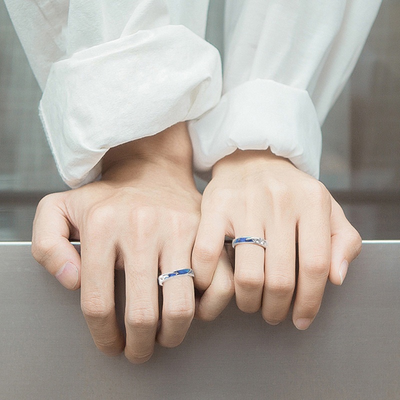 SIY  2Pcs Dainty Sea Blue Meteoric Star Lover Couple Rings Matching Set Promise Wedding Moon Star Ring Bands for Him and Her