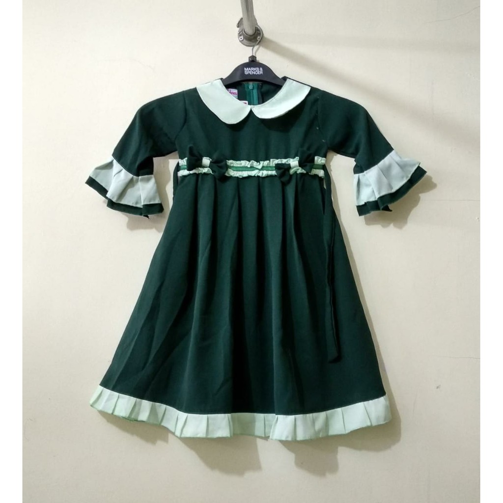 Gamis Anak Hijau Tua Lengan Panjang Kombinasi Hijau Muda + Jilbab
