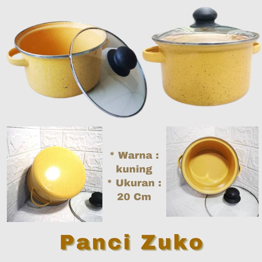 Panci Enamel Zuko Kuning 20 CM Tutup Kaca Bahan Tebal