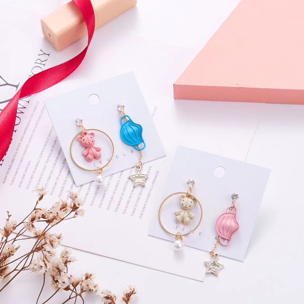 Hu Hu Hu Hu Hu Alat Bantu Pasang Kacamata♡ Anting Tusuk Gantung Wanita Asimetris Desain Beruang + Bintang + Mutiara Imitasi Untuk Hadiah