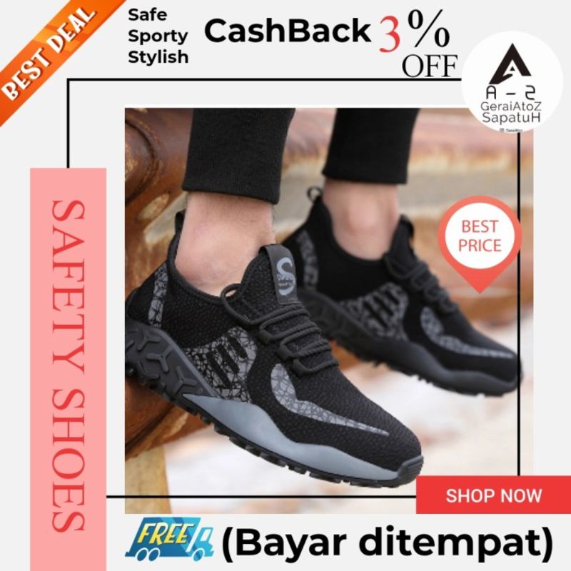 Sepatu safety shoes kerja pria sport sneaker jaring nyaman ringan