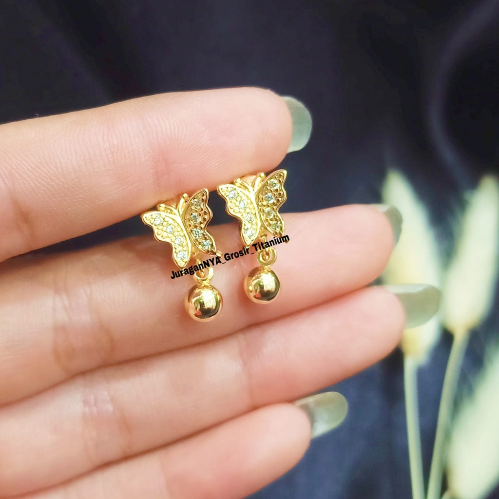 Anting TITANIUM Jepit anak variasi motif permata simple dan elegan Gold,tidak karat *COD*