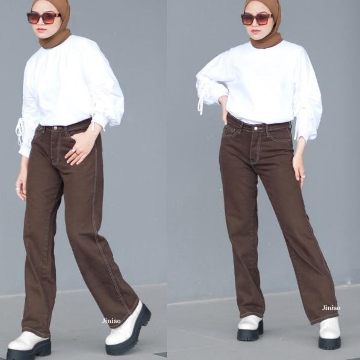 Banyak Dipakai.. Celana Jeans Wanita Kulot Loose Highwaist Warna Brown Cream