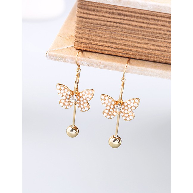 LRC Anting Gantung Fashion Gold Crystal Diamond Butterfly Pearl Earrings F94051