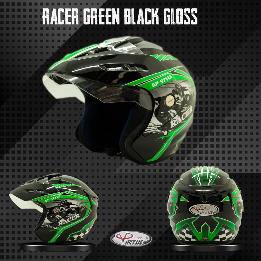 VIRTUE Helm Motor SNI Half Face Racer Green Black Gloss