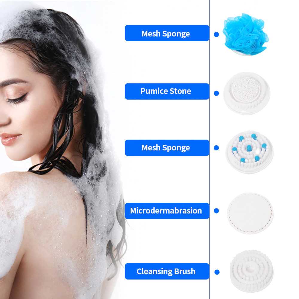 Sikat Mandi Elektrik Membersihkan dengan kelembutan 5 in 1 Electric Shower Bath Scrub spon mandi elektrik sabun New 5 In 1 Electric Bath Brush Handheld Household Waterproof Rechargeable Massage Body Brush Long Handle Back Rubbing Artifact