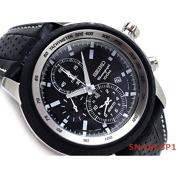 Seiko Quartz SNAB55P1 Chronograph Alarm Black Leather | Pria SNAB55