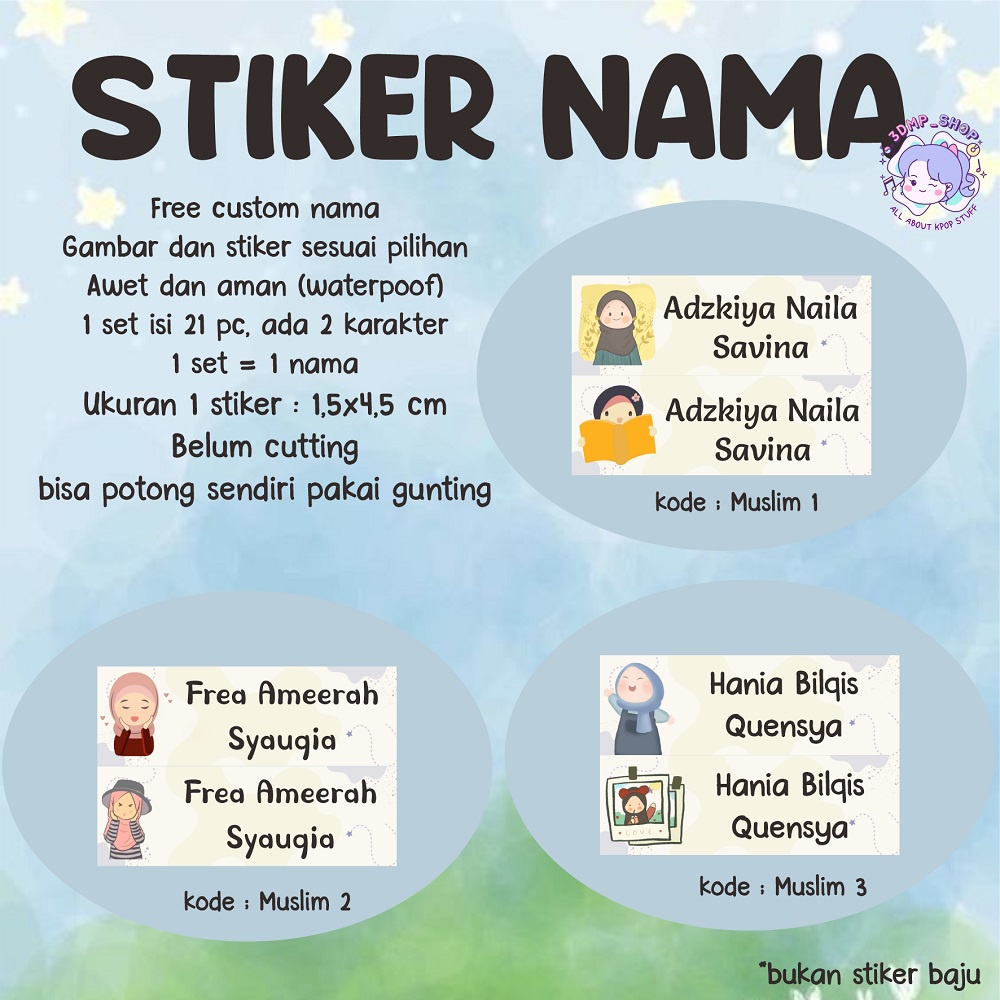 Stiker label nama custom request buku anak perempuan sd laki laki pria muslim