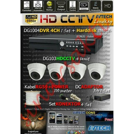 Paket cctv Avtech 4CH 2MP HARDISK 1TB LENGKAP TGGL PSG