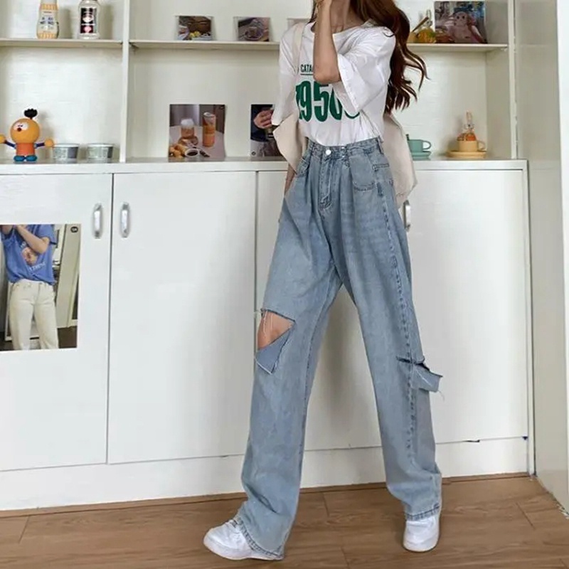 ripped jeans wanita high waist celana jeans loose Korea style PREMIUM IMPORT straight pants