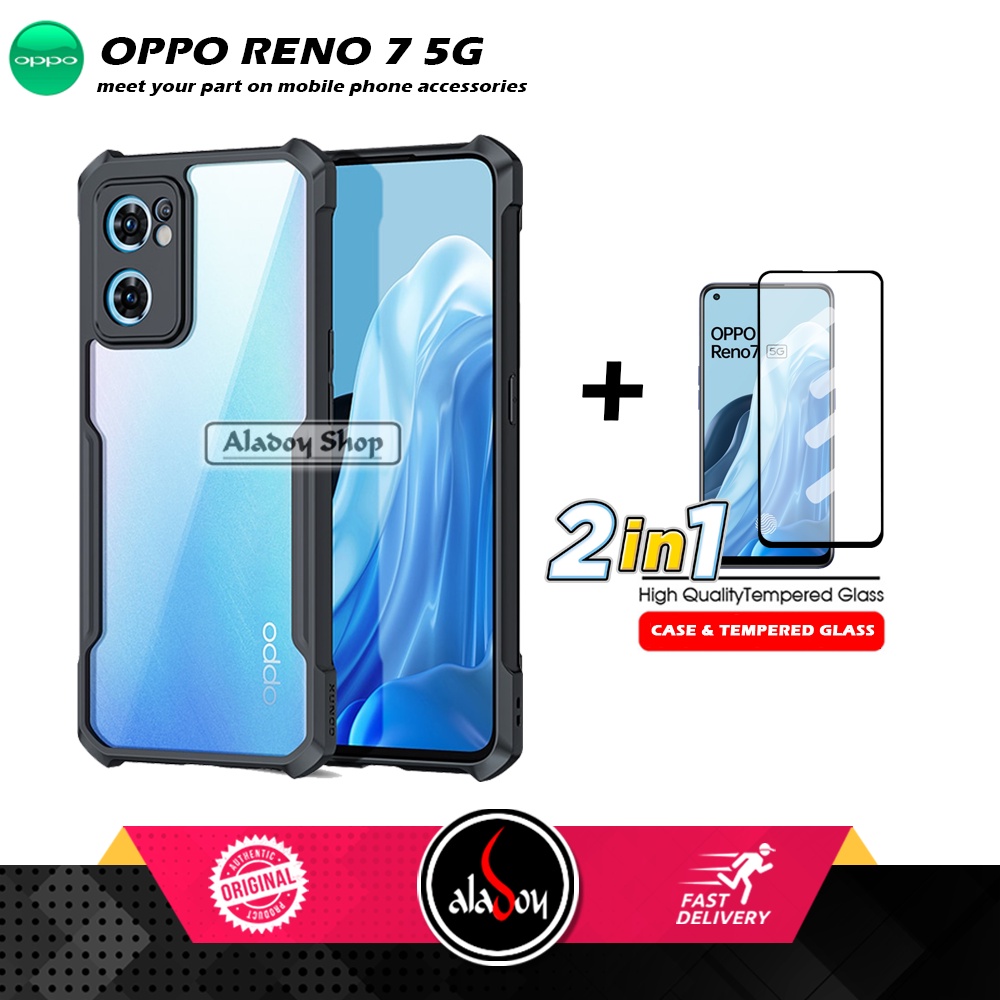 PAKET 2 IN 1 Case Oppo Reno 7 5G Armor Fusion Transparent Prmium Casing Free Tempered Glass