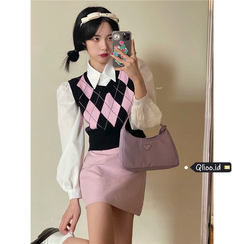 [2 Warna]Rompi Rajut Wanita Korean Style Fashion Retro Kotak-kotak V-Neck Crop Top