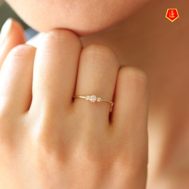 [Ready Stock]14K Exquisite 3 Rhinestone Ring Female Simple Personality