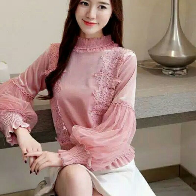 6181 realpict Baju atasan Blouse lengan Baloon Puff Sleeve Korean style hitam pink putih wanita impo
