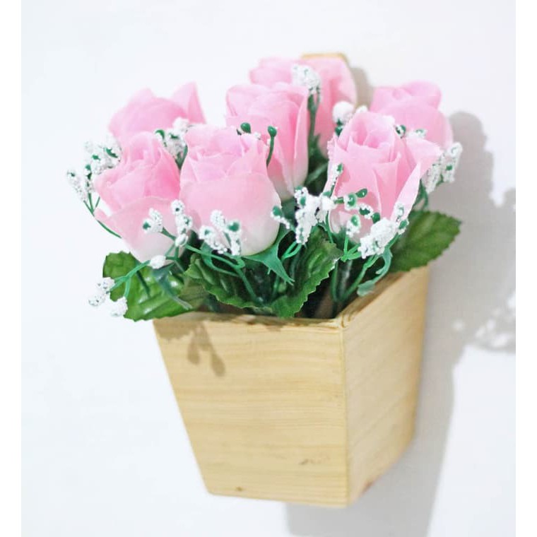 POT KAYU wood dinding wall KECIL + bunga plastik artificial hias