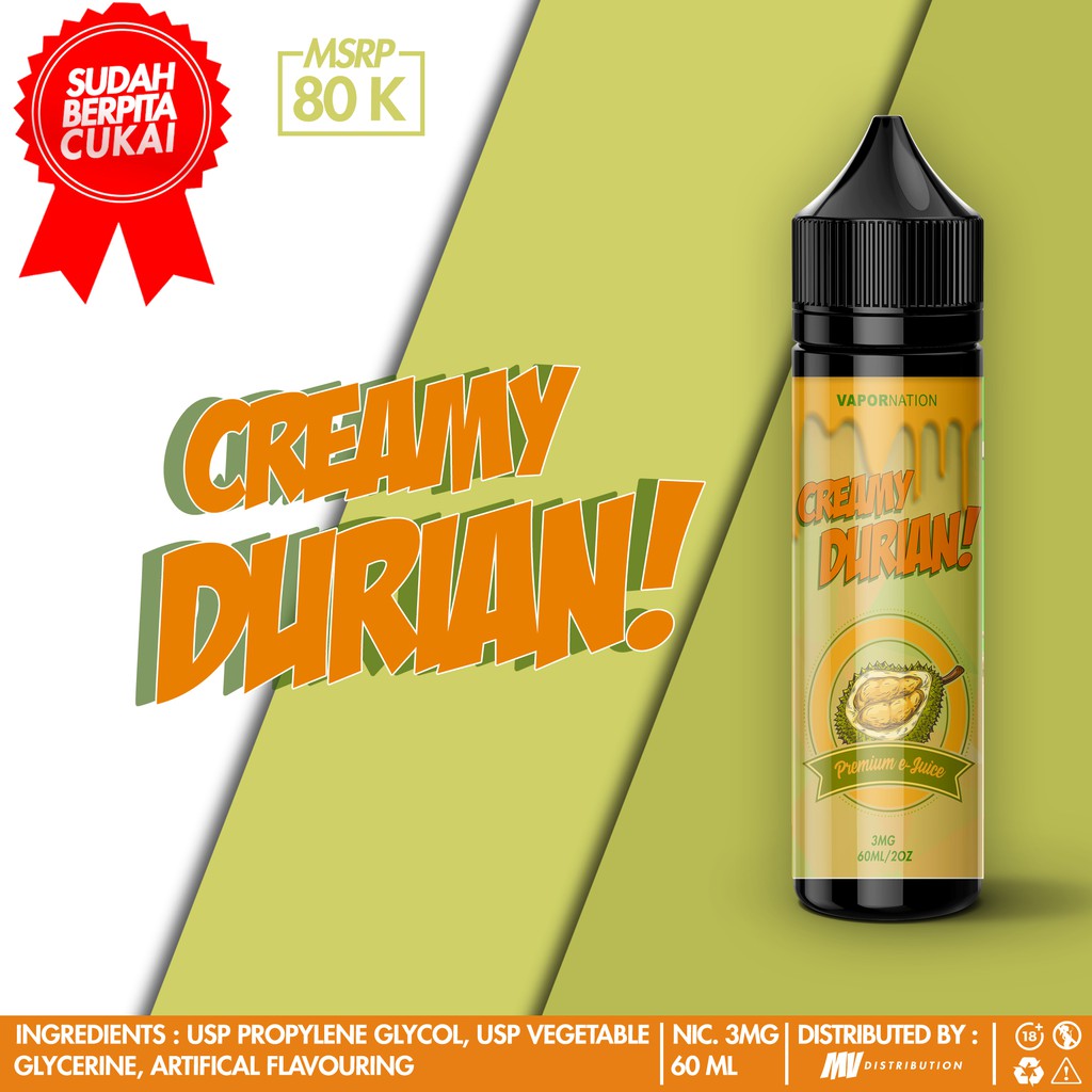 Creamy Durian 60ml 3mg Premium Liquid Bercukai Vapornation Duren