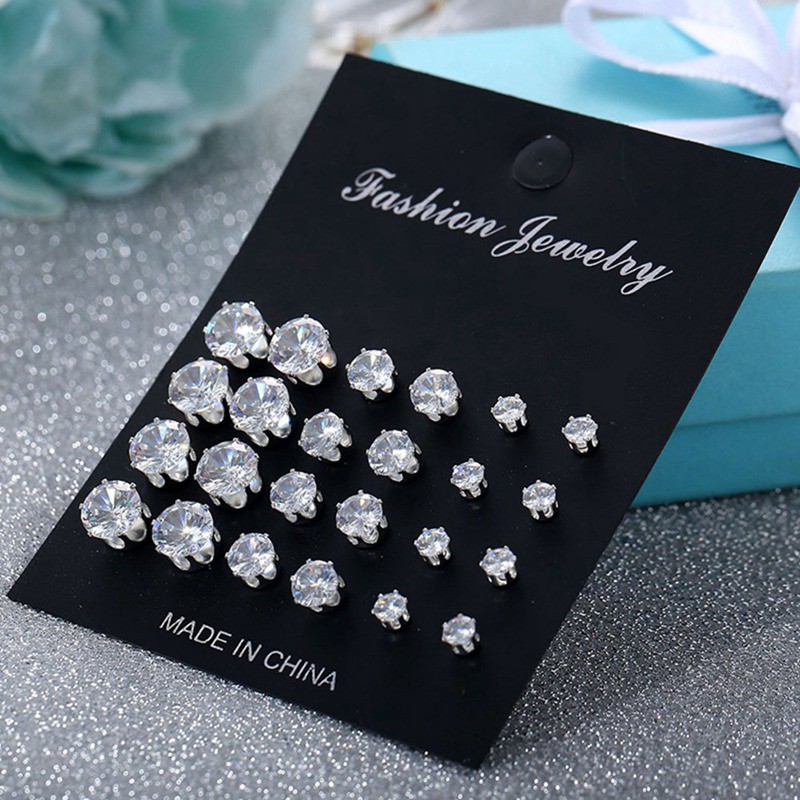 12 Pasang / Set Anting Tusuk Kristal Zircon Stainless Steel untuk Wanita