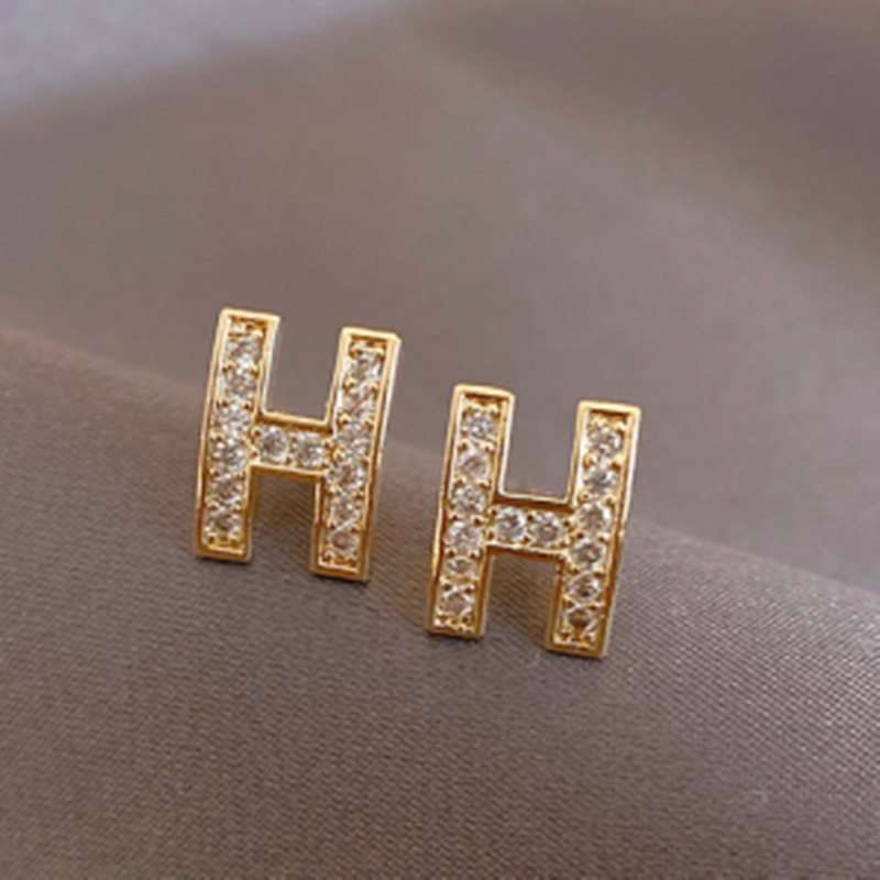 Anting Tusuk Silver 925 Desain Huruf H Hias Berlian Gaya Korea Untuk Wanita