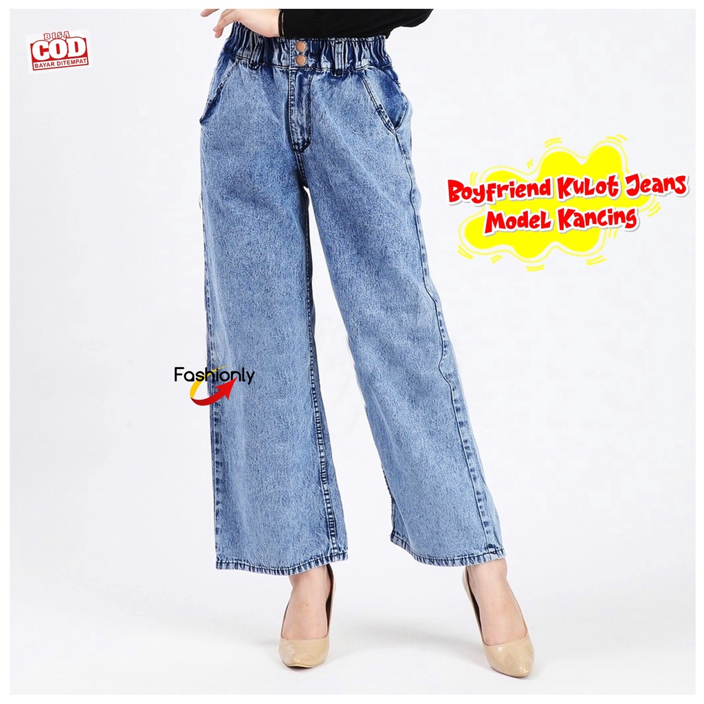 Celana Boyfriend Kulot Jeans Wanita Kancing Fit to L