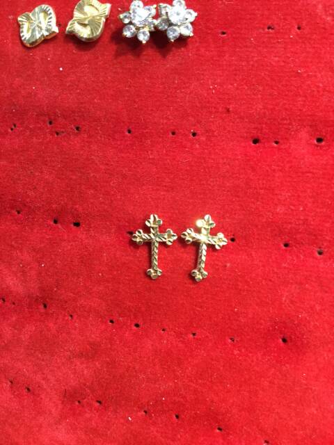 Anting duduk paku cucuk stud anak dan dewasa emas asli kadar 700 70% 22 1.1 - 1.3 satu g gr gram love kupu salib