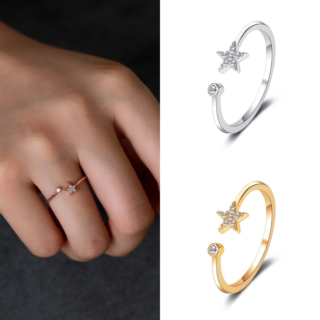 【COD Tangding】Cincin Model Terbuka Desain Bintang Aksen Berlian Gaya Simple Adjustable Untuk Wanita